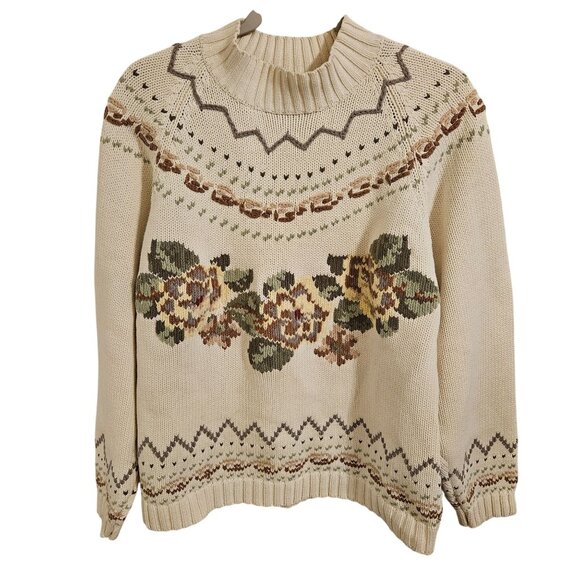 Eddie Bauer Sweaters - Eddie Bauer Vintage 90's Size L Cotton Sweater Pansy Floral Chunky Mock Neck